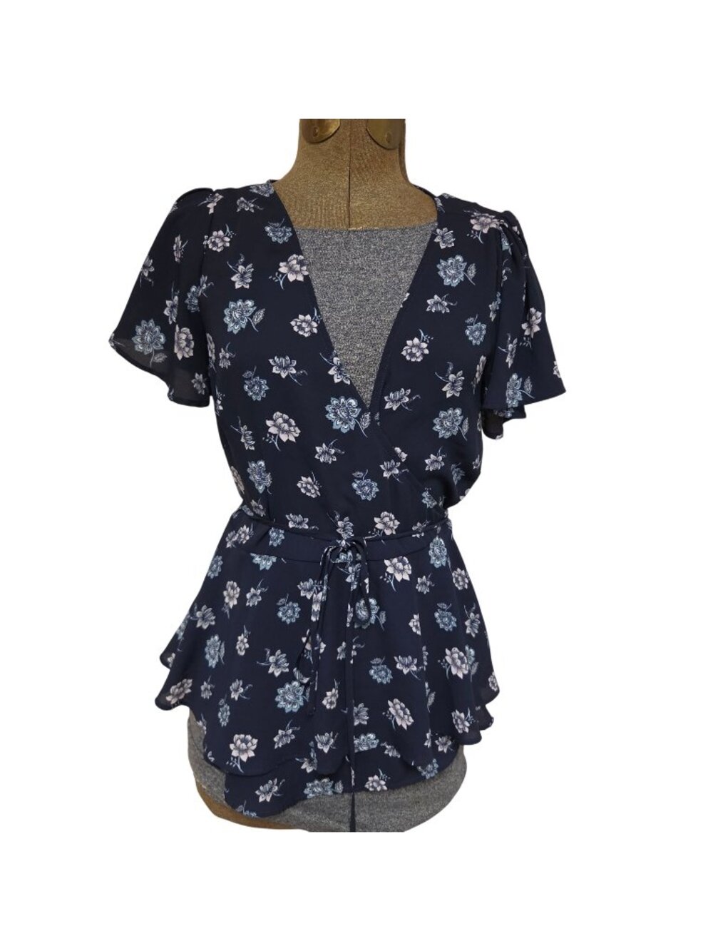 LOFT Floral Wrap Blouse Womens Size S Short Flutter Sleeves Belted Waist Blue
